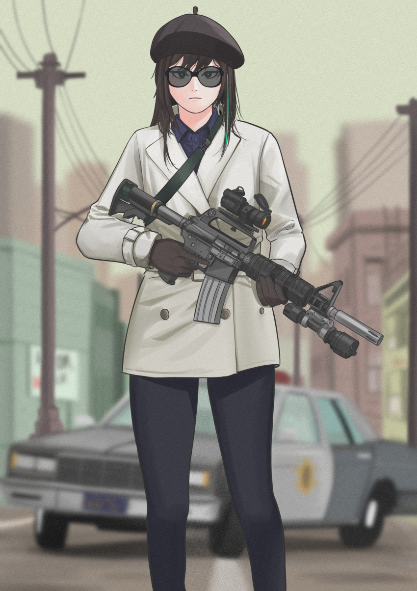 1girl assault_rifle black_gloves black_hair black_headwear black_pants blurry blurry_background brown_gloves building car car-15 chevrolet_caprice cityscape commentary english_commentary girls_frontline gloves green_hair ground_vehicle gun hat highres holding holding_gun holding_weapon jacket long_hair long_sleeves m4a1_(girls'_frontline) motor_vehicle multicolored_hair outdoors pants parabellum police_car revision rifle scope solo standing streaked_hair sunglasses utility_pole weapon white_jacket