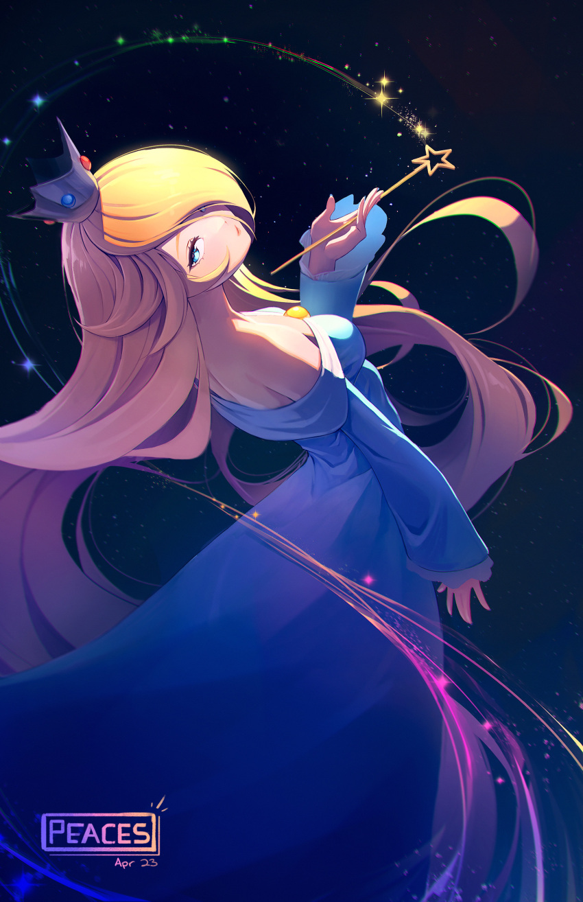 1girl absurdres artist_name bare_shoulders blonde_hair blue_dress blue_eyes blue_nails breasts brooch crown dress hair_over_one_eye highres holding holding_wand jewelry long_hair long_sleeves off-shoulder_dress off_shoulder peaces_arts rosalina solo space sparkle super_mario_bros. super_mario_galaxy very_long_hair wand