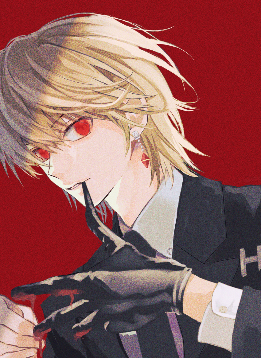 1boy absurdres biting black_gloves blonde_hair collared_shirt earrings formal from_side glove_biting gloves hair_between_eyes highres hunter_x_hunter jewelry kurapika looking_at_viewer male_focus minato_x3710 necktie red_background red_eyes shirt short_hair simple_background solo suit upper_body white_shirt