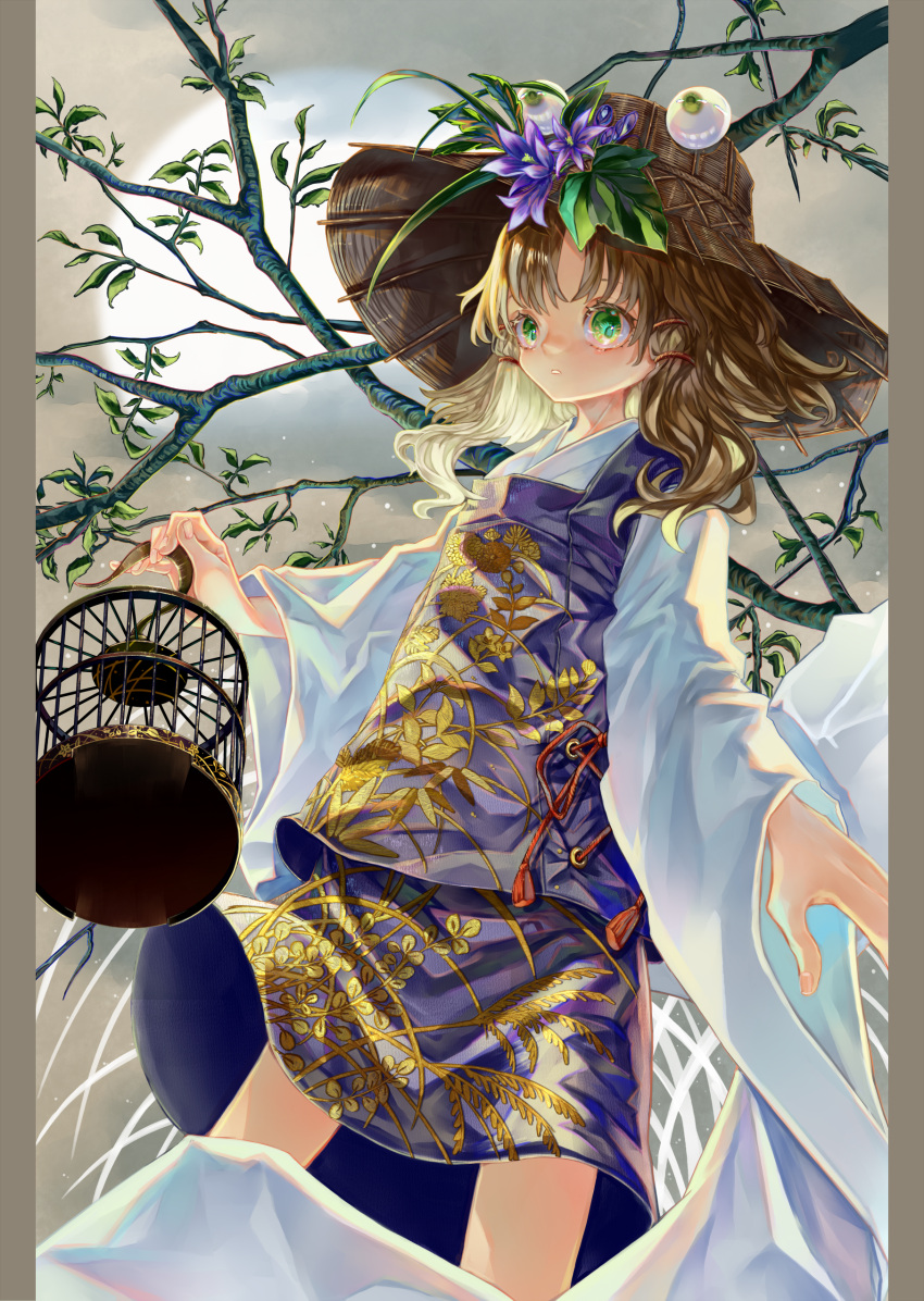 1girl absurdres birdcage blonde_hair blue_skirt blue_vest branch brown_background cage cowboy_shot embellished_costume floral_print flower gold_trim green_eyes hat hat_flower highres holding holding_cage long_sleeves looking_at_viewer medium_hair moon moriya_suwako pillarboxed plant purple_flower shirt skirt skirt_set solo standing straw_hat touhou vest white_shirt zhu_xiang