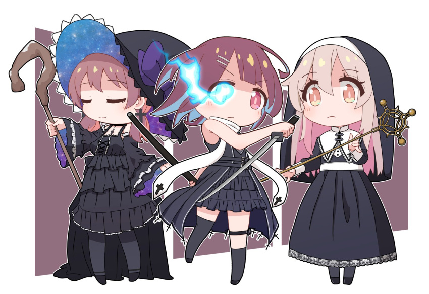 3girls alternate_costume asymmetrical_legwear bare_arms bare_shoulders black_dress black_pantyhose black_socks black_thighhighs bow bright_pupils brown_eyes brown_hair chibi closed_eyes closed_mouth commentary cross cross_earrings detached_sleeves dress earrings expressionless flaming_eye frilled_dress frilled_sleeves frills full_body grey_hair habit hat hat_bow highres holding holding_scepter holding_sheath holding_staff holding_sword holding_weapon hozuki_momiji jewelry katana kneehighs long_dress long_hair long_sleeves looking_at_viewer low_twintails madwhippedcream medium_hair multicolored_hair multiple_girls murosaki_miyo nun onii-chan_wa_oshimai! outline oyama_mahiro pantyhose purple_bow redhead reverse_grip scarf scepter sheath short_dress simple_background single_kneehigh single_sock single_thighhigh sleeveless sleeveless_dress socks staff standing standing_on_one_leg sword thigh-highs thigh_strap traditional_nun twintails two-tone_hair wavy_mouth weapon white_outline white_scarf wide_sleeves witch_hat