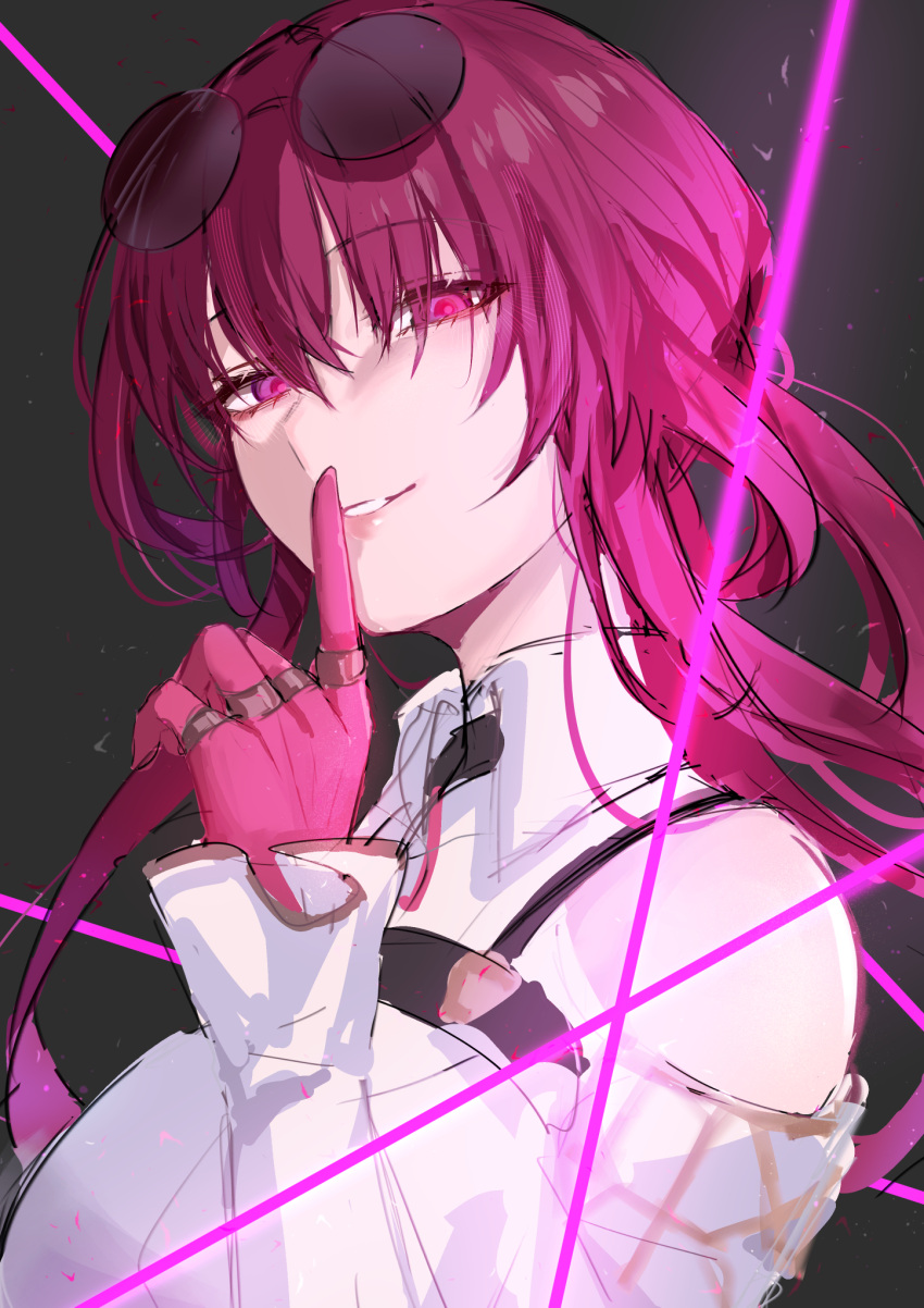 1girl breasts collared_shirt commentary eyewear_on_head finger_to_mouth gloves glowing glowing_eyes grey_background hair_over_eyes highres honkai:_star_rail honkai_(series) index_finger_raised kafka_(honkai:_star_rail) large_breasts lips long_bangs long_hair long_sleeves looking_at_viewer maria_(syake-uni) parted_lips pink_gloves purple_hair red_eyes round_eyewear shirt simple_background solo sunglasses tinted_eyewear upper_body violet_eyes white_shirt