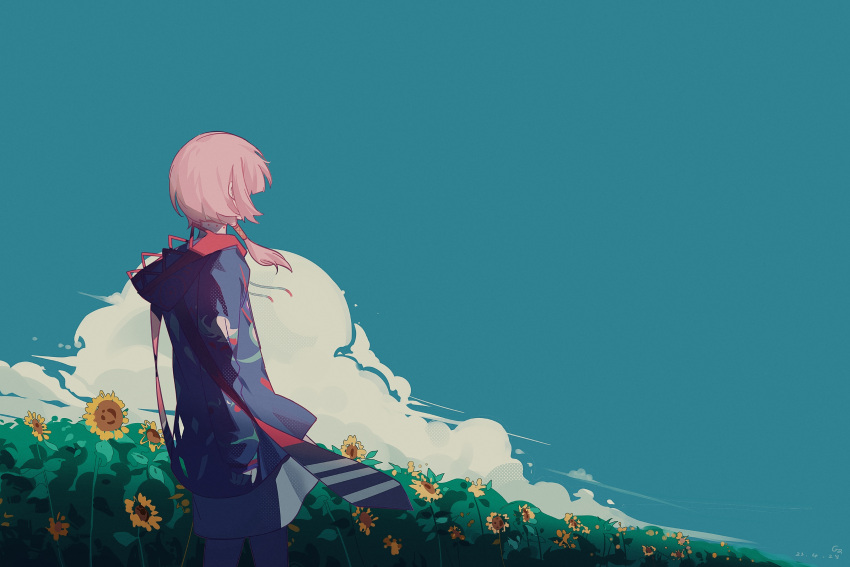 1girl absurdres blue_jacket blue_sky blunt_bangs clouds commentary day dress feet_out_of_frame field floating_hair flower flower_field from_side ganezugarrrrr grey_dress hair_over_face hair_over_shoulder highres hood hood_down jacket kaf_(kamitsubaki_studio) kamitsubaki_studio long_sleeves low_ponytail multicolored_clothes multicolored_jacket outdoors pink_hair scenery short_dress single_hair_tube sky solo standing sunflower virtual_youtuber wind