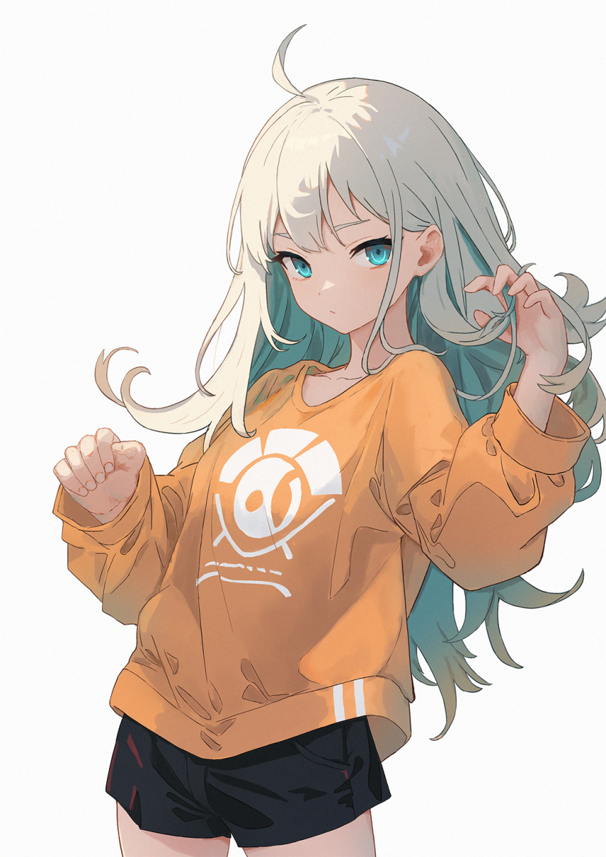 1girl ahoge black_shorts breasts chinese_commentary closed_mouth commentary cowboy_shot green_eyes grey_hair herfstijl highres long_hair long_sleeves looking_at_viewer medium_breasts orange_shirt original shirt short_shorts shorts simple_background solo white_background