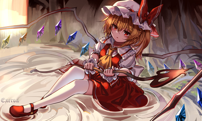 1girl absurdres back_bow blonde_hair bow breasts crystal expressionless flandre_scarlet frilled_shirt_collar frills full_body hair_between_eyes hat highres holding holding_weapon laevatein_(touhou) light_blush light_brown_hair mob_cap one_side_up over-kneehighs parted_lips petite puffy_short_sleeves puffy_sleeves red_eyes red_footwear red_skirt red_vest ripples short_sleeves sitting skirt skirt_set small_breasts solo thigh-highs top-exerou touhou vest water weapon white_thighhighs wings