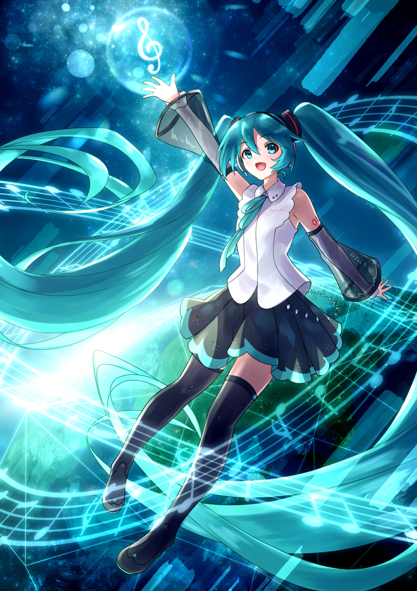 1girl absurdly_long_hair absurdres arm_up blue_eyes blue_hair boots collared_shirt detached_sleeves floating floating_hair full_body hair_ornament hatsune_miku hatsune_miku_(nt) headphones highres long_hair long_sleeves marian_oekaki musical_note neck_ribbon open_mouth piapro pleated_skirt ribbon see-through see-through_sleeves shirt skirt sleeveless sleeveless_shirt solo staff_(music) thigh_boots treble_clef twintails very_long_hair vocaloid