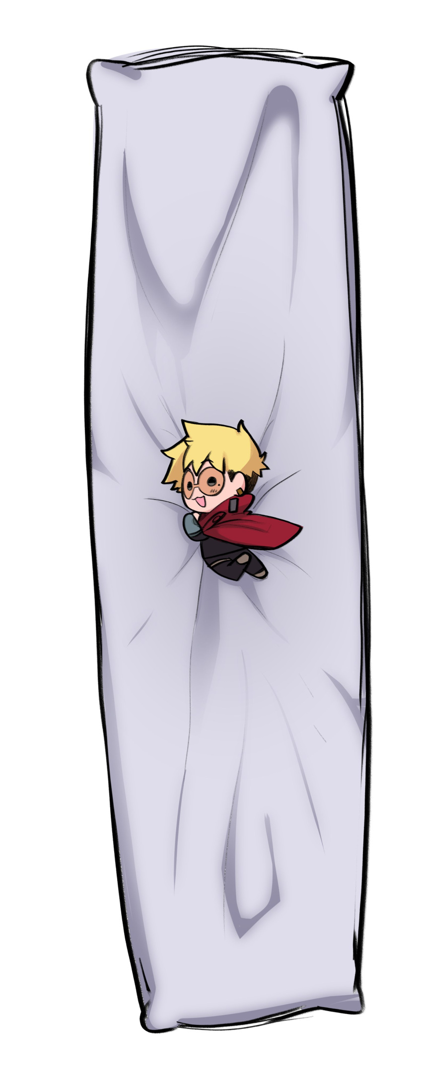 :3 absurdres aki's_bl_zone blonde_hair character_doll dakimakura_(object) earrings glasses highres jewelry mole mole_under_eye pillow simple_background sunglasses trigun trigun_stampede vash_the_stampede white_background