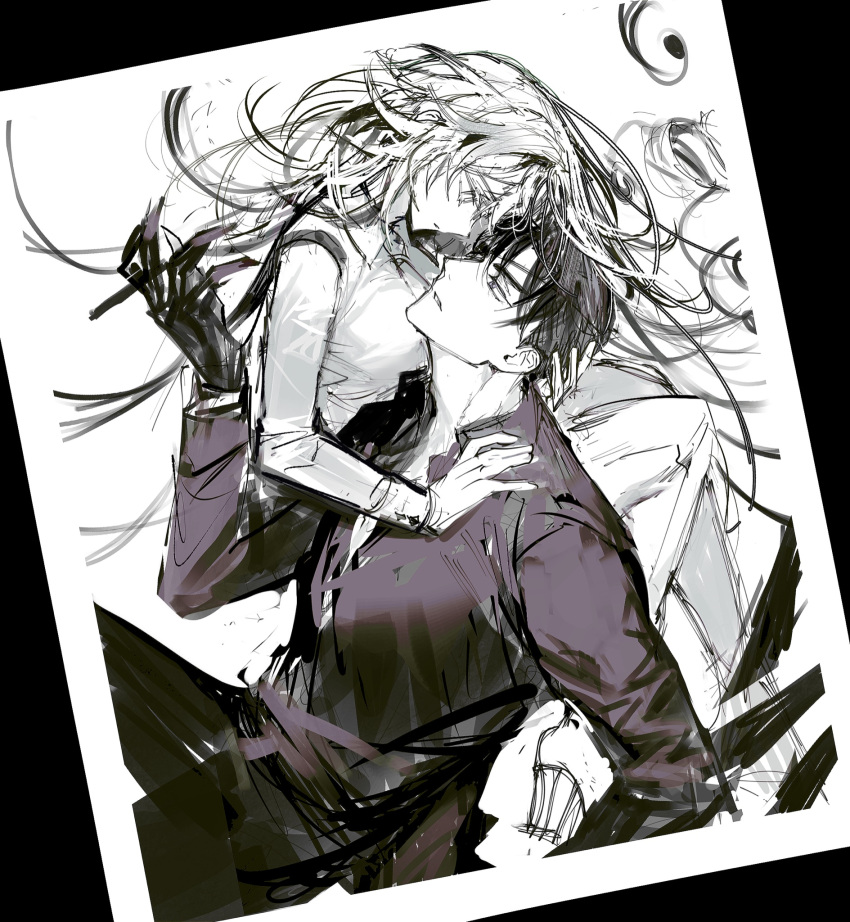 1boy 1girl black_eyes black_hair black_shirt dutch_angle gauntlets gloves hand_on_another's_shoulder hetero highres long_hair looking_at_another necktie open_clothes open_shirt original pants parted_lips remsrar shirt sketch very_long_hair white_background white_eyes white_gloves white_hair white_necktie white_pants white_shirt