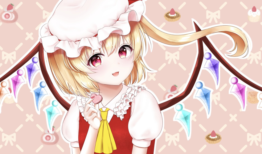 1girl :d ascot blush crystal fang flandre_scarlet flat_chest food frilled_shirt_collar frills hand_up hat heart-shaped_food highres holding holding_food looking_at_viewer macaron mob_cap nyanyanoruru one_side_up open_mouth outline pink_background pink_eyes puffy_short_sleeves puffy_sleeves red_vest short_hair_with_long_locks short_sleeves simple_background smile solo touhou upper_body vest white_outline wings yellow_ascot