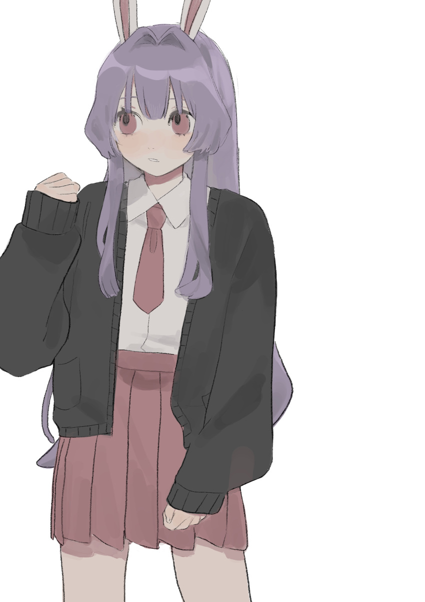 1girl absurdres animal_ears black_sweater blunt_bangs eyebrows_hidden_by_hair gotagotay hair_intakes hand_up highres light_blush long_hair looking_to_the_side necktie nostrils parted_lips pink_skirt pleated_skirt purple_hair rabbit_ears red_necktie reisen_udongein_inaba shirt sidelocks simple_background skirt sleeves_past_wrists solo sweater touhou very_long_hair violet_eyes white_background white_shirt wing_collar