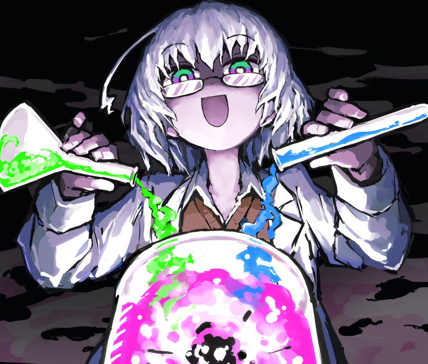1girl ahoge coat collared_shirt flask glasses green_eyes hair_between_eyes highres holding kagaku_chop lab_coat long_sleeves multicolored_eyes open_clothes open_coat open_mouth pink_eyes pouring shirt short_hair simple_background solo suzuzono_sai test_tube upper_body violet_eyes white_coat white_hair yachima_tana