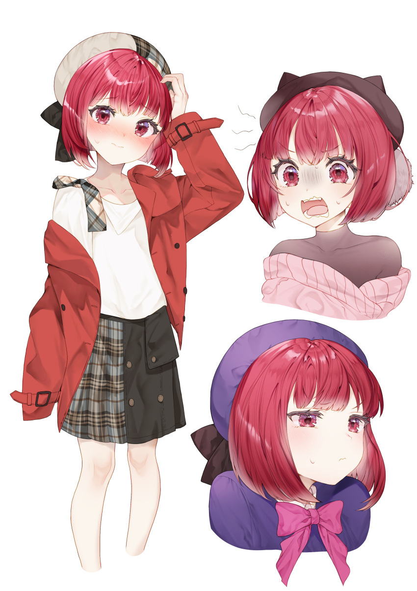 1girl absurdres angry arima_kana beret black_ribbon blue_headwear blue_jacket blush bow collarbone collared_shirt commentary_request expressions hat hat_ribbon highres jacket off_shoulder oshi_no_ko pink_bow pout red_eyes red_jacket redhead ribbon school_uniform shirt short_hair simple_background sumisumire00 sweatdrop white_background white_shirt youtou_high_school_uniform