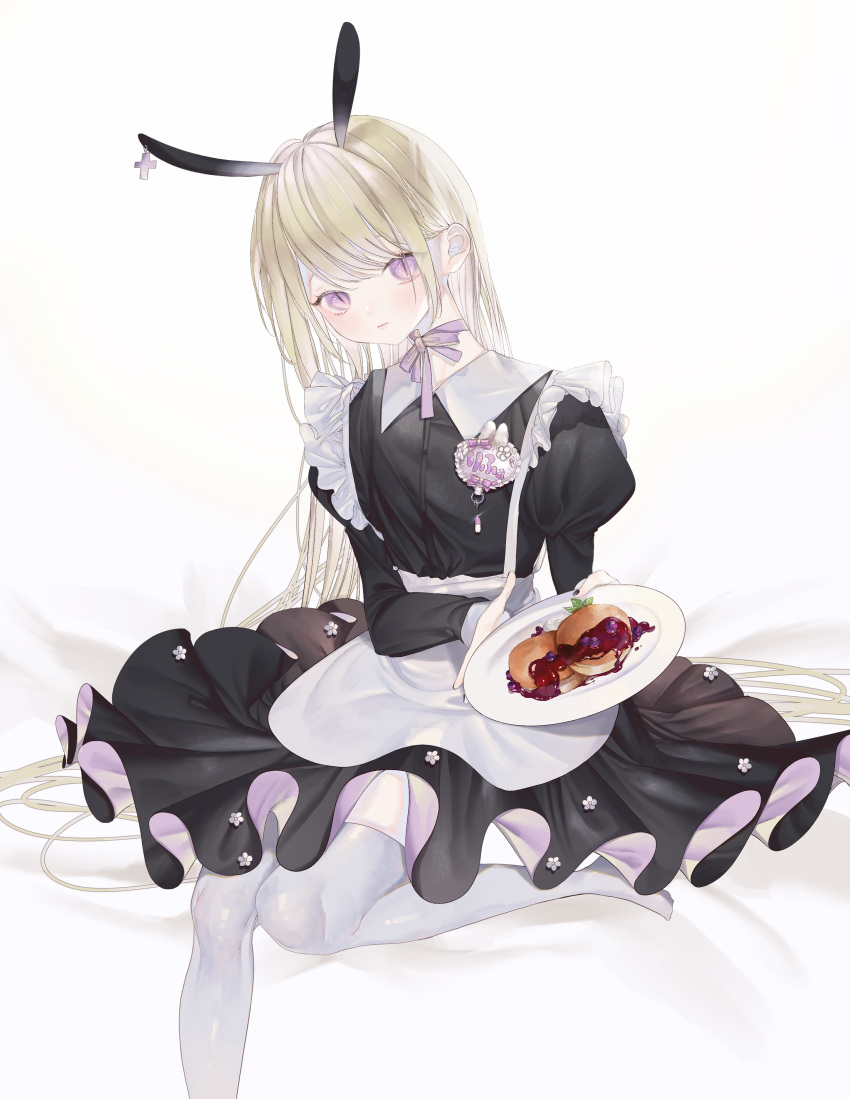 1girl absurdres animal_ears apron black_dress black_nails blonde_hair choker collared_dress dress expressionless food highres holding holding_plate long_hair looking_at_viewer msa_(fary_white) original pancake plate purple_ribbon rabbit_ears ribbon ribbon_choker sitting slit_pupils solo syrup thigh-highs very_long_hair violet_eyes white_thighhighs