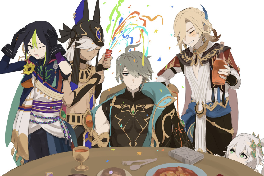 1girl 4boys alhaitham_(genshin_impact) animal_ears birthday black_choker black_hair blonde_hair blush book cape chalice chest_jewel choker closed_eyes closed_mouth cup cyno_(genshin_impact) dark-skinned_male dark_skin feather_hair_ornament feathers flower food fork fox_boy fox_ears genshin_impact gloves green_eyes green_hair grey_hair grin hair_ornament highres kaveh_(genshin_impact) long_hair looking_at_viewer medal multicolored_hair multiple_boys nahida_(genshin_impact) nium_404 open_mouth party_popper plate pointy_ears ponytail pouring shoulder_cape side_ponytail simple_background smile spoon sweat table tassel tighnari_(genshin_impact) white_background white_flower