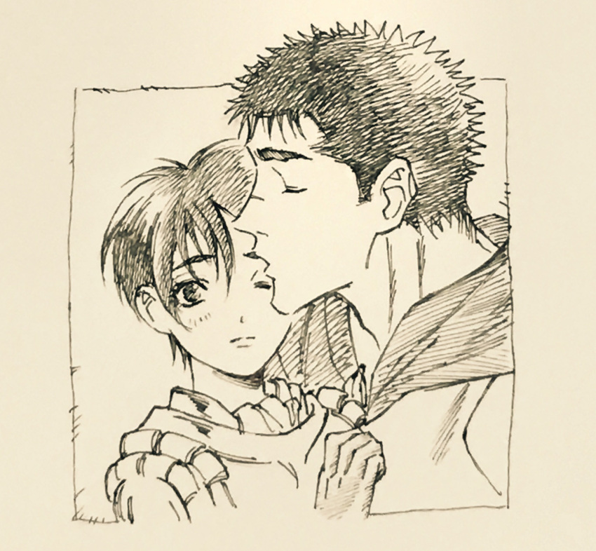 1boy 1girl armor berserk blush border cape casca_(berserk) closed_eyes commentary_request facing_another facing_to_the_side guts_(berserk) hair_between_eyes highres kiss kissing_eye looking_at_viewer monochrome okojjo_(unbleachedtitanium) one_eye_closed outside_border parted_bangs pixie_cut portrait profile scar scar_on_face scar_on_nose short_hair shoulder_armor sidelocks simple_background sketch spiky_hair white_background white_border