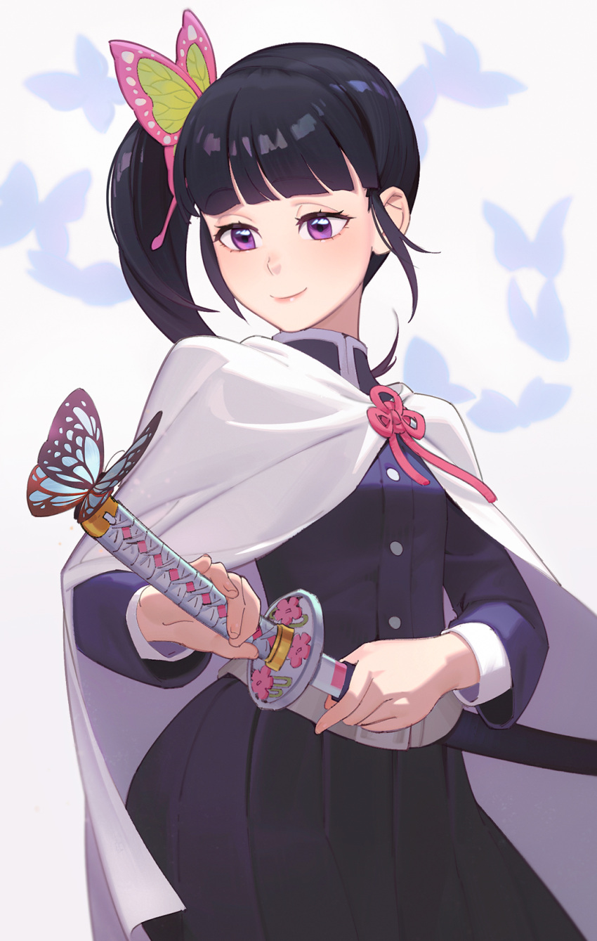 1girl belt black_hair blunt_bangs bug butterfly butterfly_hair_ornament cape closed_mouth demon_slayer_uniform dnaitari hair_ornament highres holding holding_sword holding_weapon japanese_clothes katana kimetsu_no_yaiba pleated_skirt ponytail side_ponytail skirt smile solo sword tsuyuri_kanao violet_eyes weapon white_belt white_cape