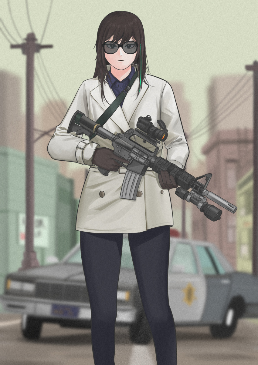 1girl assault_rifle black_gloves black_hair black_pants blurry blurry_background brown_gloves building car car-15 chevrolet_caprice cityscape commentary english_commentary girls_frontline gloves green_hair ground_vehicle gun highres holding holding_gun holding_weapon jacket long_hair long_sleeves m4a1_(girls'_frontline) motor_vehicle multicolored_hair outdoors pants parabellum police_car rifle scope solo standing streaked_hair sunglasses utility_pole weapon white_jacket