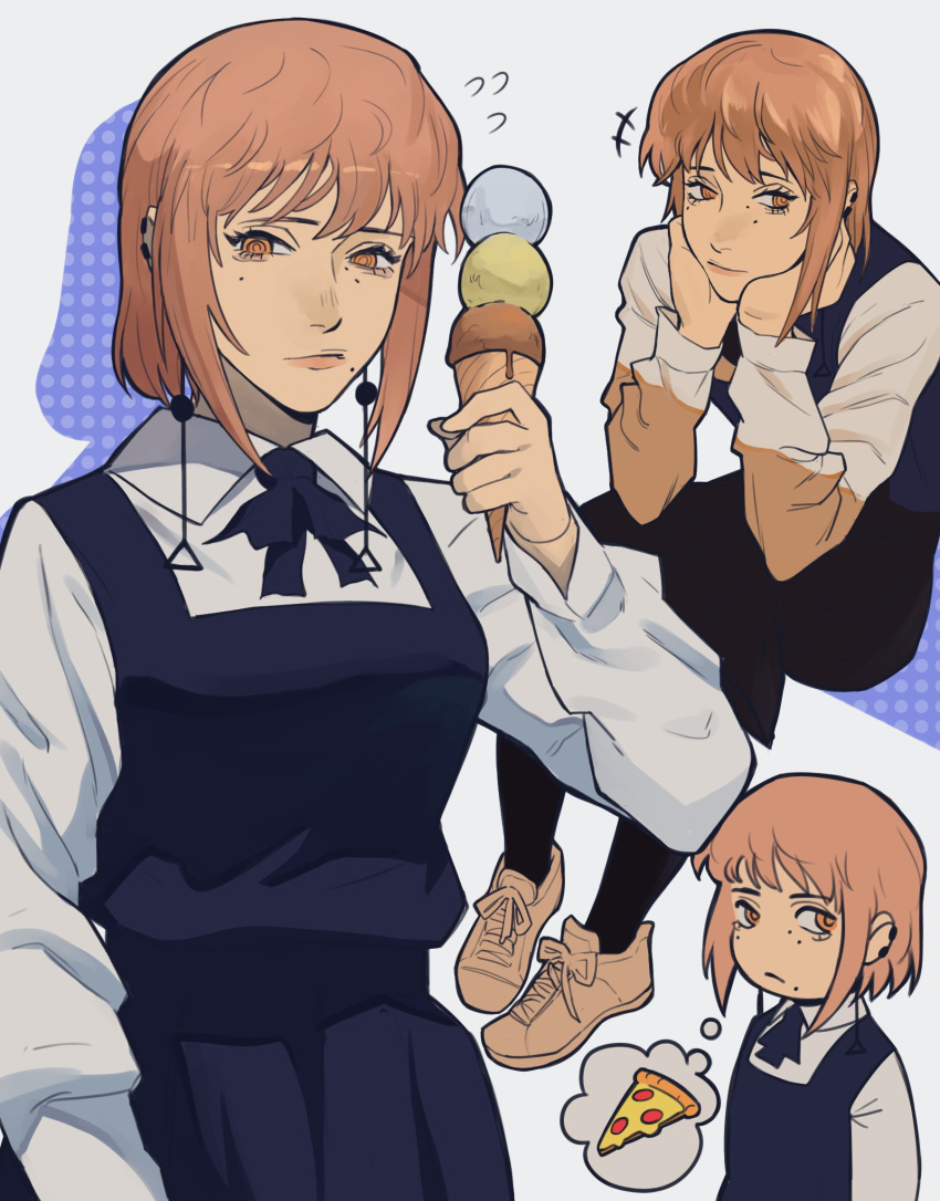 1girl andrei_(shidanasu) brown_hair chainsaw_man dress earrings elbow_rest fami_(chainsaw_man) food fourth_east_high_school_uniform head_rest highres holding_ice_cream jewelry looking_at_viewer looking_to_the_side mole mole_under_eye mole_under_mouth pinafore_dress pizza ringed_eyes school_uniform short_hair sleeveless sleeveless_dress tassel tassel_earrings thought_bubble white_background yellow_eyes