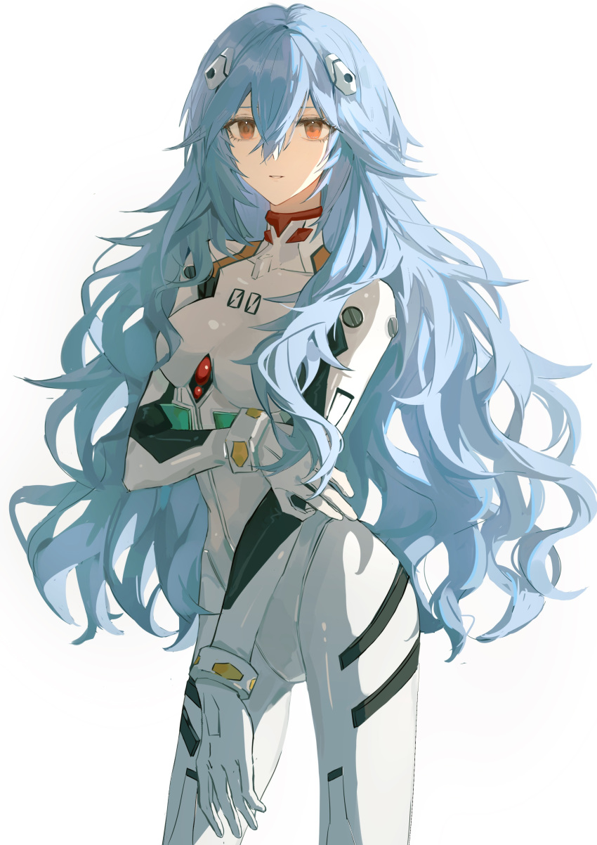 1girl absurdres arm_across_chest ayanami_rei blue_hair bodysuit covered_collarbone cowboy_shot danshui expressionless hair_between_eyes hand_on_own_arm highres interface_headset long_hair looking_at_viewer neon_genesis_evangelion parted_lips plugsuit red_eyes simple_background solo standing wavy_hair white_background white_bodysuit