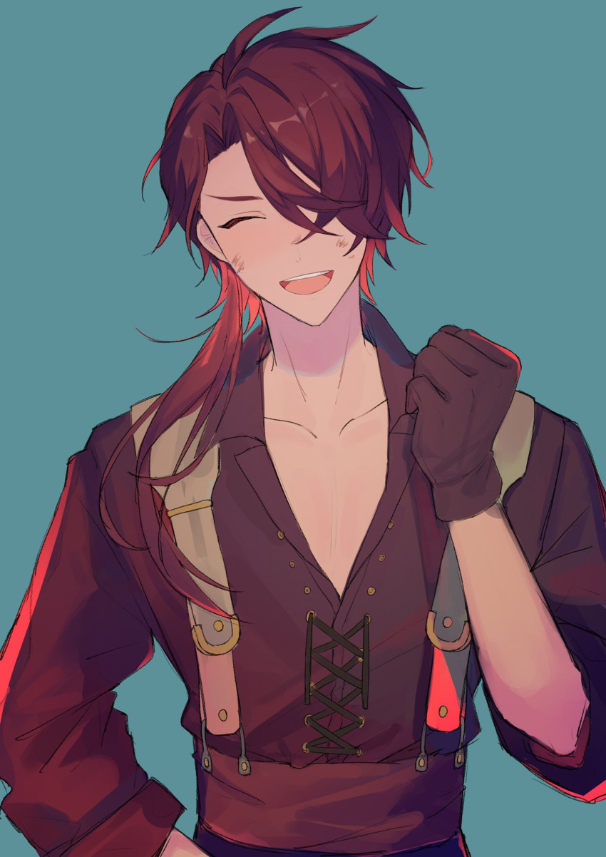 1boy black_gloves black_shirt blue_background brown_vest cain_knightley dirty dirty_face gloves hair_over_one_eye highres long_hair looking_at_viewer mahoutsukai_no_yakusoku male_focus one_eye_covered open_mouth piza-chan redhead shirt smile solo suspenders teeth vest
