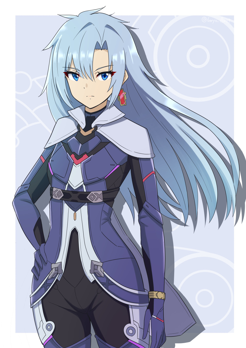 1girl a_(xenoblade) absurdres artist_name blue_eyes blue_hair bodysuit closed_mouth cowboy_shot earrings hand_on_own_hip highres jewelry light_blue_hair long_hair looking_at_viewer ryochan96154 solo xenoblade_chronicles_(series) xenoblade_chronicles_3 xenoblade_chronicles_3:_future_redeemed