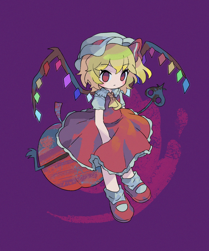 1girl ascot blonde_hair blush chibi closed_mouth crystal expressionless flandre_scarlet frilled_shirt_collar frills hat highres holding holding_weapon laevatein_(touhou) mary_janes mob_cap ngawa one_side_up puffy_short_sleeves puffy_sleeves purple_background red_eyes red_skirt red_vest shoes short_hair short_sleeves simple_background skirt skirt_set solo touhou vest weapon wings yellow_ascot