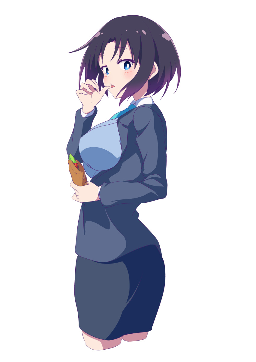 1girl absurdres blue_eyes blue_necktie breasts coat eating elma_(maidragon) food from_side highres kobayashi-san_chi_no_maidragon large_breasts long_sleeves looking_at_viewer necktie nijizuki_shino office_lady open_mouth purple_hair short_hair skirt solo tongue tongue_out white_background