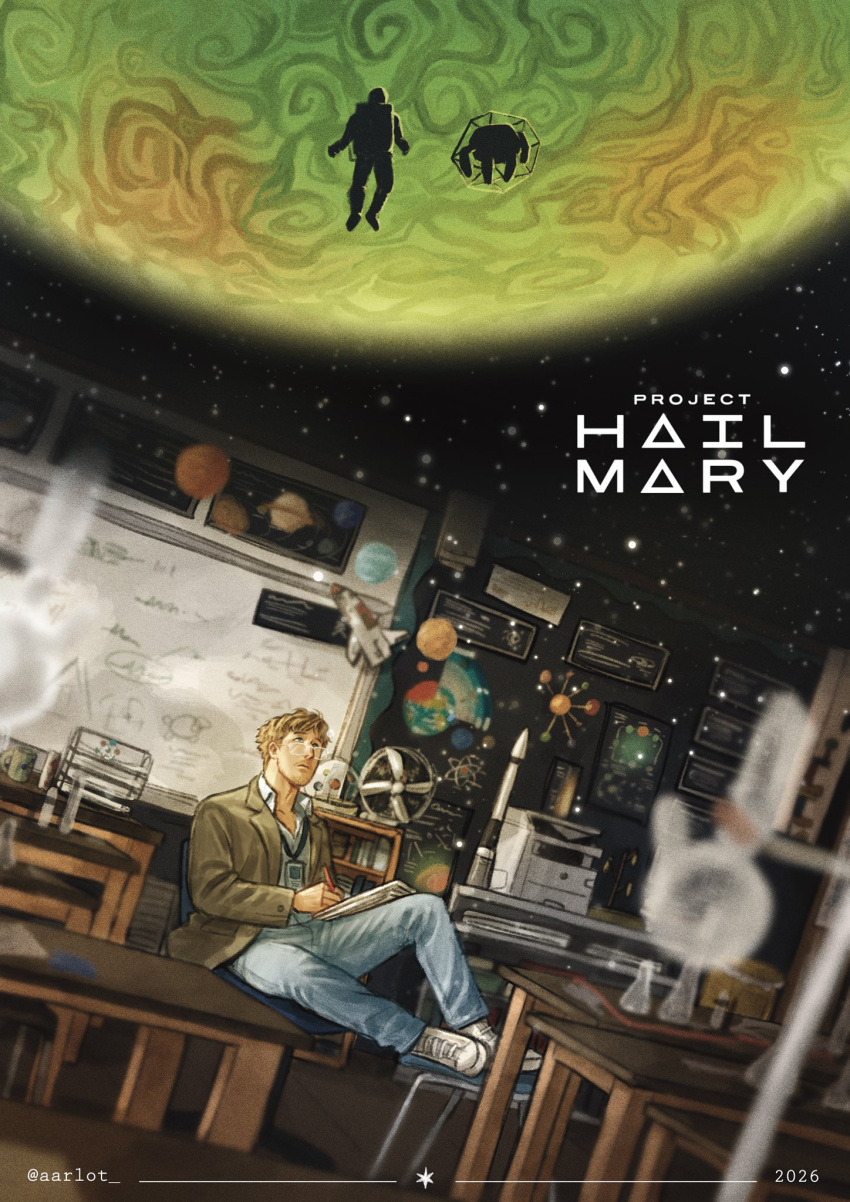aarlot alien astronaut beard beard_stubble casual eridian facial_hair galaxy highres in_orbit messy_hair project_hail_mary rocket_ship rocky_(project_hail_mary) ryland_grace space spacecraft spacesuit stubble