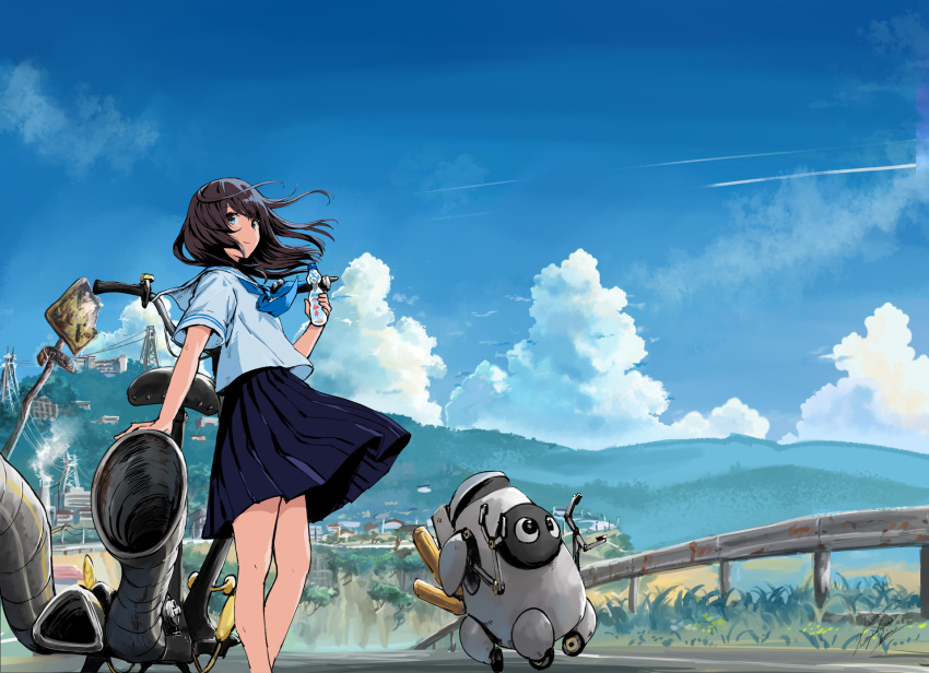 1girl black_hair black_skirt blue_eyes bottle cityscape cliff clouds cloudy_sky contrail contrapposto grass highres hill holding holding_bottle kazuharu_kina leaning_on_object long_hair motor_vehicle motorcycle original pleated_skirt railing road road_sign robot school_uniform scooter serafuku shirt sign skirt sky smile water_bottle white_shirt wide_sleeves