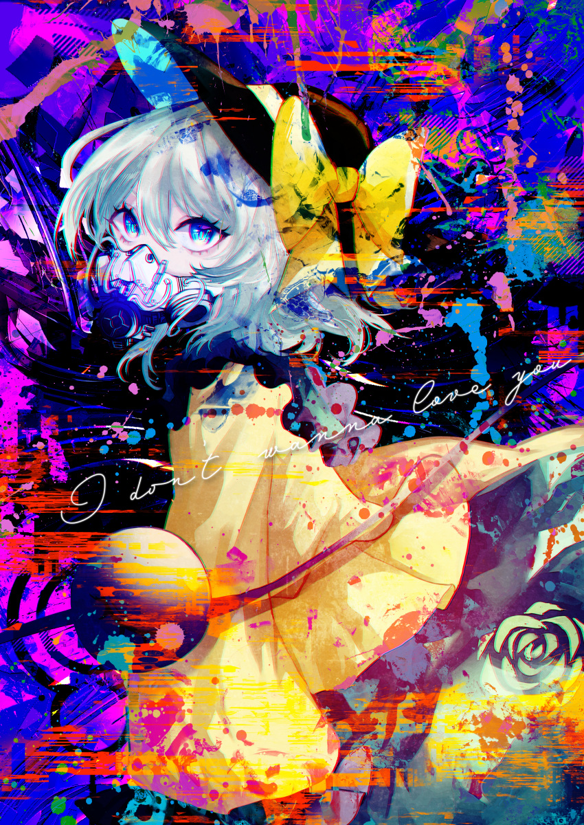 1girl abstract_background absurdres black_headwear blue_eyes bow commentary_request covered_mouth cowboy_shot english_text flower from_side glitch green_skirt hat hat_bow highres komeiji_koishi light_green_hair long_sleeves looking_at_viewer medium_hair mirimo respirator rose shirt skirt solo splotch third_eye touhou wide_sleeves yellow_bow yellow_shirt