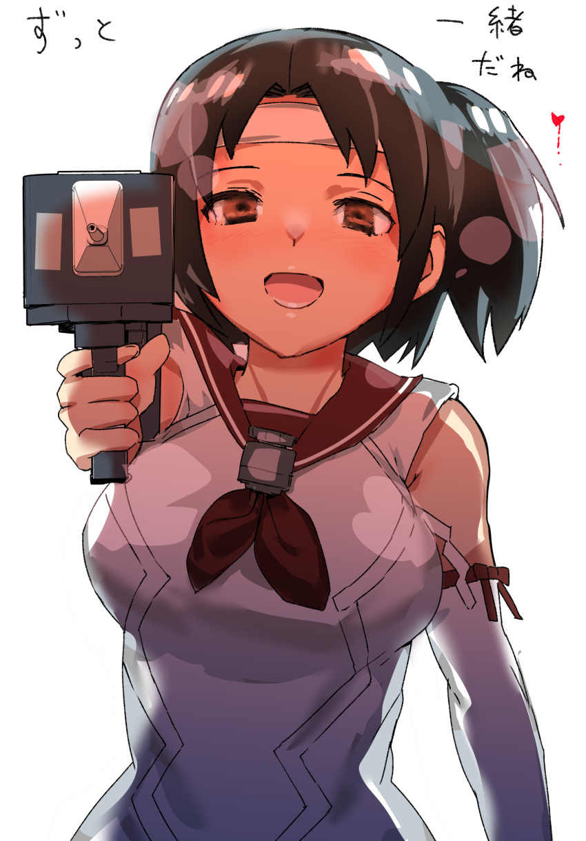 adapted_turret aiming arm_warmers black_hair breasts brown_eyes brown_neckerchief brown_sailor_collar cannon commentary_request detached_sleeves headband highres igarashi_mangou kantai_collection large_breasts nagara_(kancolle) neckerchief one_side_up sailor_collar school_uniform serafuku short_hair translation_request turret upper_body