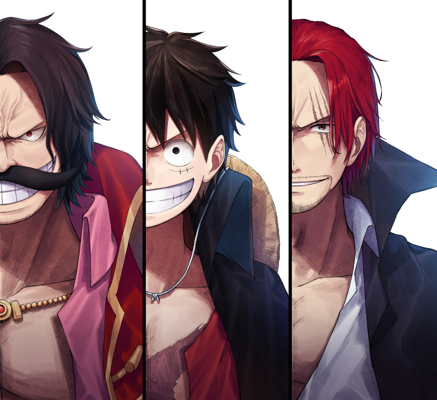 3boys bashauma_(bashaumaop) black_eyes black_hair black_jacket brown_eyes collarbone collared_jacket collared_shirt commentary_request facial_hair gol_d._roger grin hat highres jacket jewelry looking_at_viewer male_focus monkey_d._luffy multiple_boys mustache necklace one_piece open_clothes open_jacket open_shirt parted_bangs pink_shirt red_eyes redhead scar scar_across_eye scar_on_cheek scar_on_face shanks_(one_piece) shirt short_hair simple_background smile straw_hat stubble teeth v-shaped_eyebrows veins white_background white_shirt wing_collar