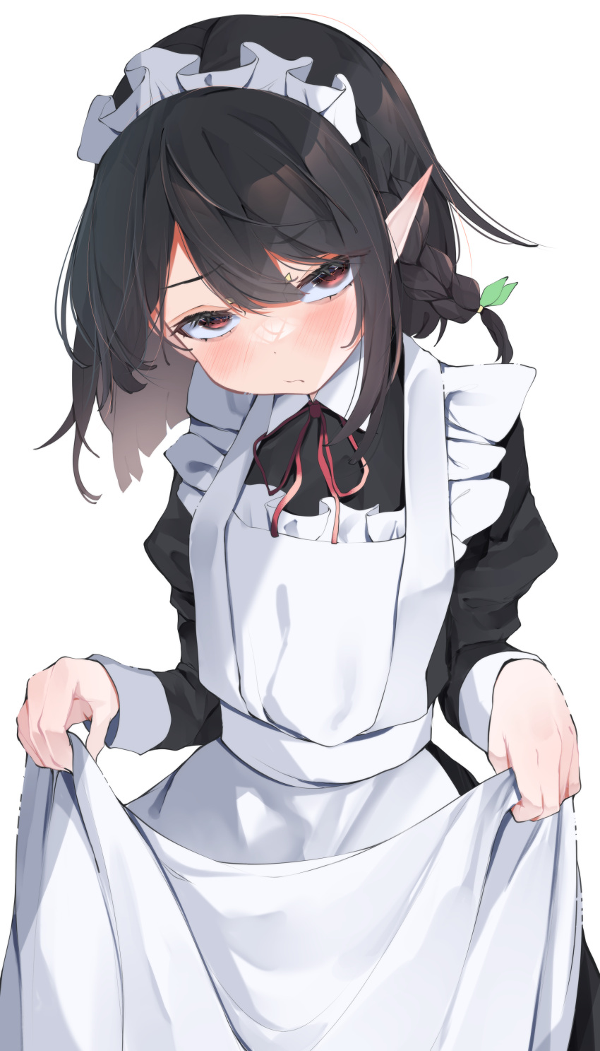 1girl :/ absurdres apron black_dress black_hair blush braid breasts commentary_request commission copyright_request cowboy_shot dress highres lifted_by_self maid_headdress medium_breasts medium_hair partial_commentary pixiv_commission red_eyes red_ribbon ribbon simple_background solo tsune_(tune) upturned_eyes virtual_youtuber white_apron white_background