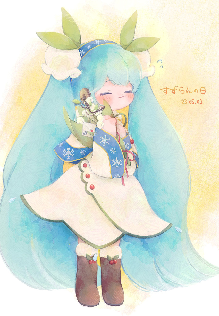 1girl :3 ainu_clothes aqua_hair blue_hairband blush boots brown_footwear capelet chibi closed_eyes commentary dated dress flower flying_sweatdrops full_body fur-trimmed_boots fur_trim gold_trim hair_flower hair_ornament hairband hands_on_own_chest hatsune_miku headphones highres holding holding_flower hoop_skirt lily_of_the_valley long_hair rabbit_yukine rowan smile snowflake_print solo standing symbol-only_commentary taran_(tara_ran125) twintails very_long_hair vocaloid white_capelet white_dress white_flower yellow_background yuki_miku yuki_miku_(2015)