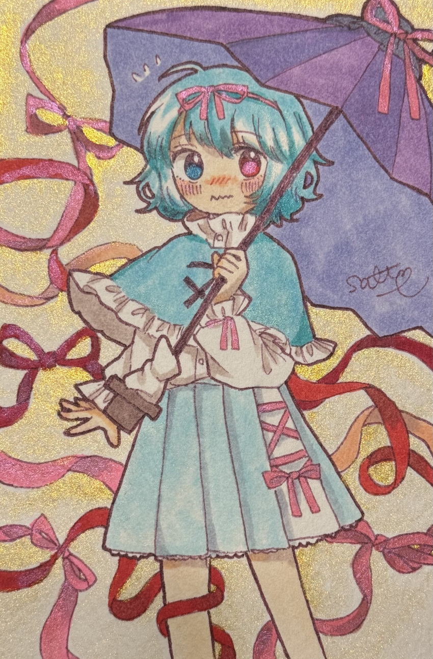 1girl ^^^ absurdres aqua_capelet aqua_eyes aqua_hair blonde_hair capelet closed_mouth commentary_request cowboy_shot hair_ribbon heterochromia highres holding holding_umbrella long_sleeves looking_at_viewer marker_(medium) pink_ribbon purple_umbrella red_ribbon ribbon salt_(saltty) shirt short_hair signature solo tatara_kogasa touhou traditional_media umbrella violet_eyes wavy_mouth white_shirt