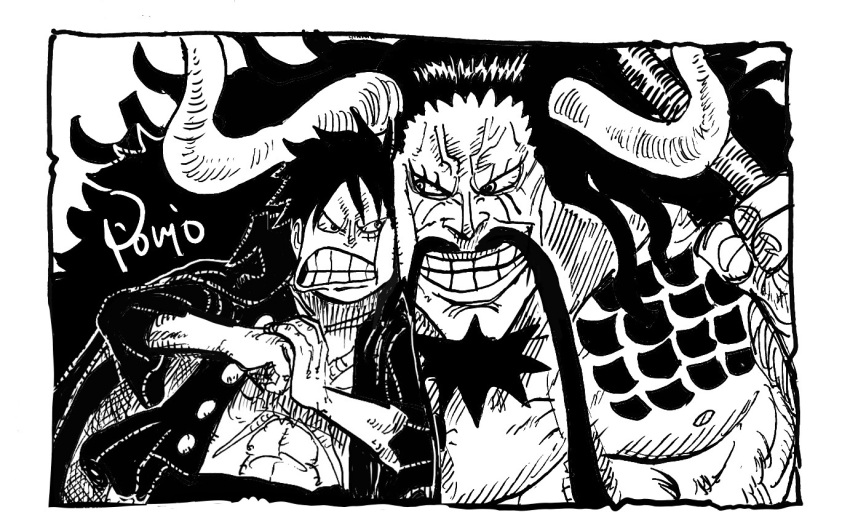 2boys angry artist_name beard black_hair chest_tattoo clenched_hands curled_horns facial_hair grin horns kaidou_(one_piece) large_pectorals long_hair looking_at_another male_focus monkey_d._luffy multiple_boys muscular muscular_male mustache nishiponi oda_eiichirou_(style) one_piece open_clothes pectorals scar scar_on_chest short_hair smile tattoo teeth traditional_media upper_body veiny_face