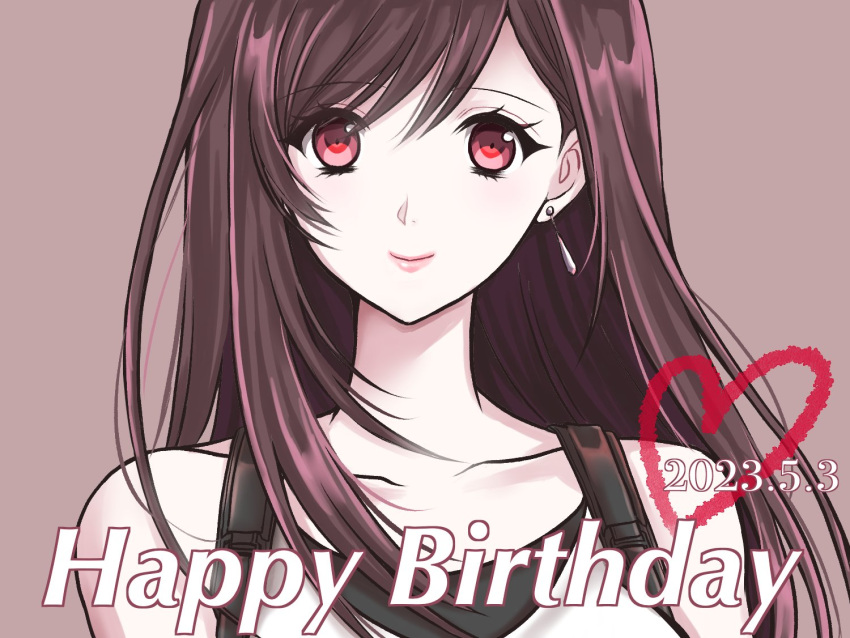 1girl bare_shoulders birthday black_sports_bra bosch brown_background brown_hair closed_mouth collarbone commentary_request dated earrings final_fantasy final_fantasy_vii final_fantasy_vii_remake hair_behind_ear happy_birthday heart jewelry light_blush lips long_hair looking_at_viewer red_eyes simple_background single_earring sleeveless smile solo sports_bra suspenders swept_bangs tank_top teardrop_earring tifa_lockhart upper_body white_tank_top