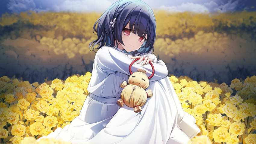 1girl absurdres blue_hair blush braid crossed_arms dark_blue_hair doll dress field flower flower_field highres holding holding_doll idolmaster idolmaster_shiny_colors knees_up light_smile looking_at_viewer looking_to_the_side morino_rinze outdoors red_eyes sitting solo sora_(men0105) white_dress yellow_flower