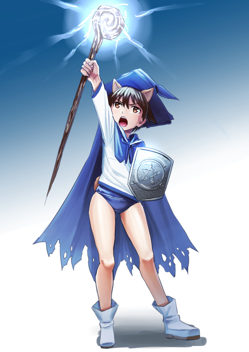 1girl absurdres animal_ears brown_eyes brown_hair cape dog_ears dog_tail hasegawa_(hase_popopo) hat highres long_sleeves looking_up miyafuji_yoshika no_pants old_school_swimsuit open_mouth sailor_collar sailor_shirt school_swimsuit school_uniform serafuku shield shirt shoes short_hair solo staff strike_witches swimsuit swimsuit_under_clothes tail witch_hat world_witches_series