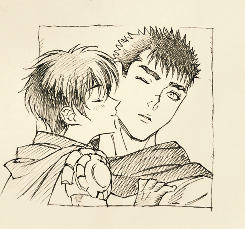 1boy 1girl armor berserk blush border cape casca_(berserk) closed_eyes commentary_request facing_another guts_(berserk) hand_on_another's_shoulder head_tilt highres light_smile looking_at_another looking_at_viewer monochrome okojjo_(unbleachedtitanium) one_eye_closed outside_border parted_bangs parted_lips pixie_cut profile scar scar_on_face scar_on_nose short_hair shoulder_armor sidelocks simple_background sketch spiky_hair white_background white_border