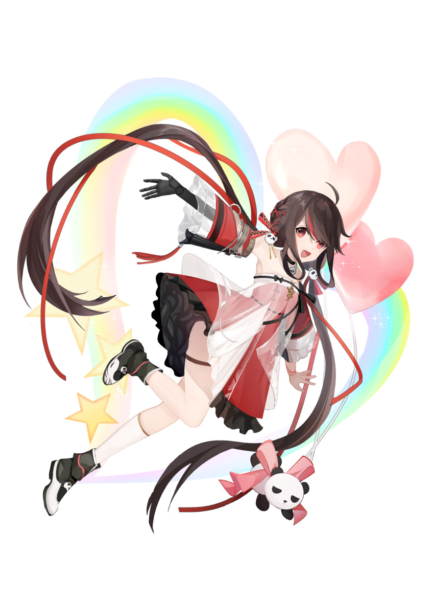1girl ahoge black_hair china_dress chinese_clothes detached_sleeves dress frilled_dress frills hair_ornament heart highres long_hair multicolored_hair open_mouth panda_hair_ornament pulao_(punishing:_gray_raven) punishing:_gray_raven rainbow red_dress red_eyes redhead slixin star_(symbol) streaked_hair stuffed_animal stuffed_panda stuffed_toy twintails very_long_hair
