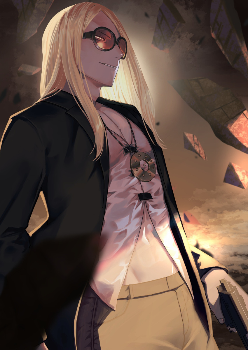 1boy black_jacket blonde_hair brown_pants fate/grand_order fate_(series) floating floating_object from_below gun highres holding holding_gun holding_weapon jacket jewelry long_hair looking_at_viewer male_focus medallion necklace open_clothes open_jacket orange-tinted_eyewear pants profile shirt smile sunglasses tezcatlipoca_(fate) thriller_romero tinted_eyewear weapon white_shirt