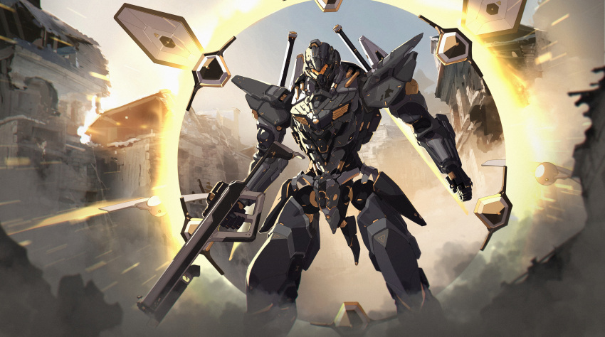 absurdres academy_sog_cheonjae_mechanic assault_visor clenched_hand gun highres holding holding_gun holding_weapon jin_rou looking_down mecha no_humans novel_illustration official_art robot ruins science_fiction sky sword sword_on_back weapon weapon_on_back