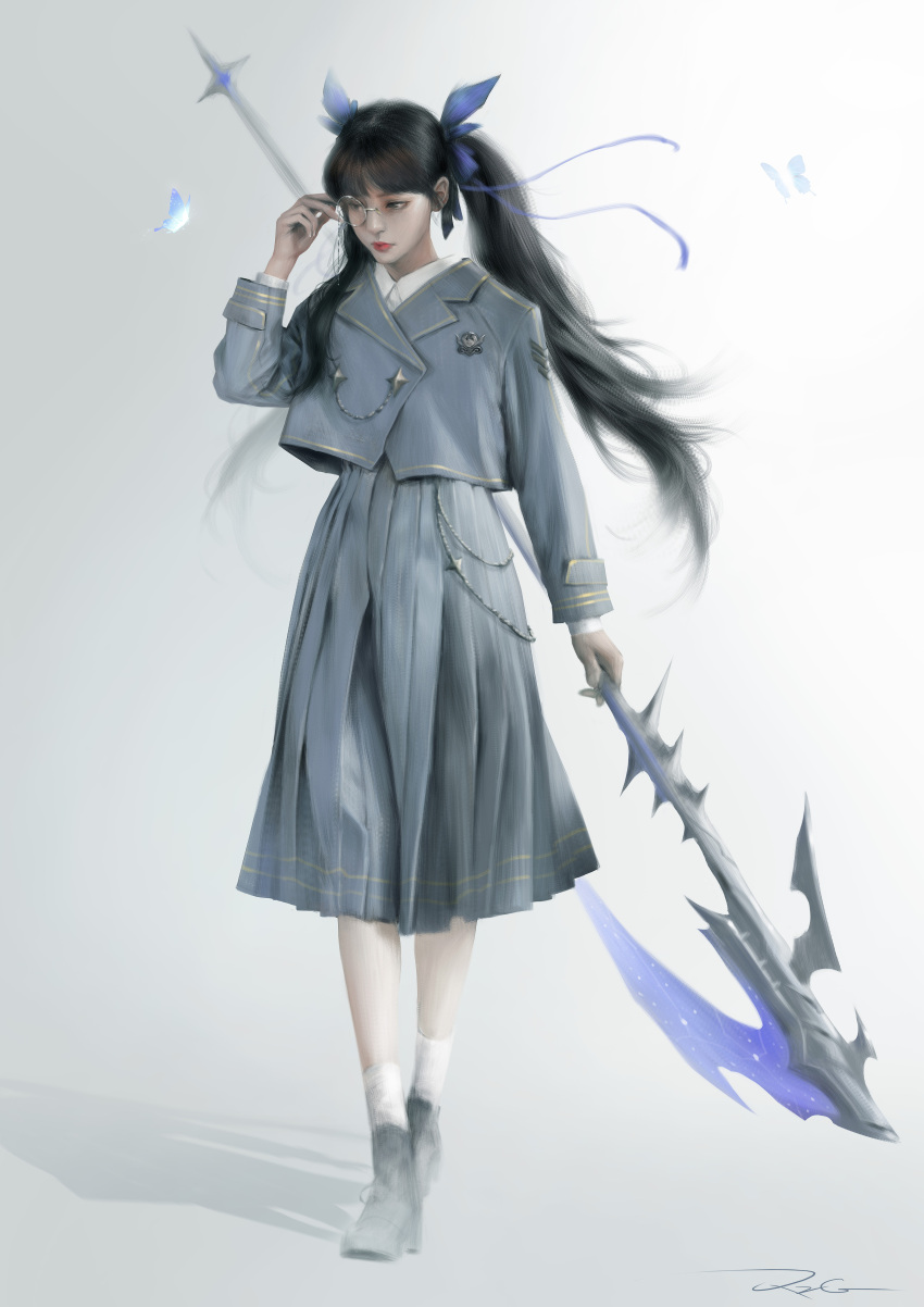 1girl absurdres black_hair bug butterfly full_body hair_ribbon highres holding holding_weapon long_hair long_sleeves monocle original ribbon shoes simple_background skirt socks solo standing twintails weapon zhengangrao