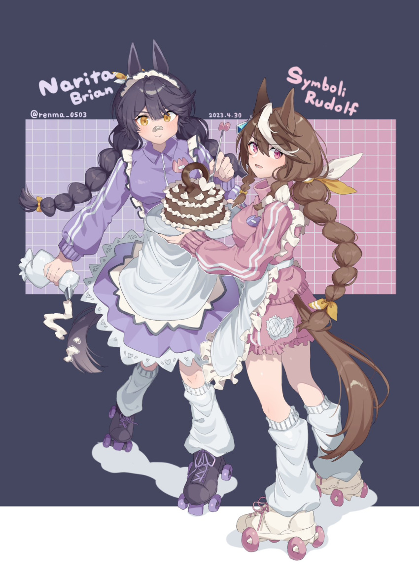 2girls :t alternate_costume animal_ears apron bandaid bandaid_on_face bandaid_on_nose black_hair braid braided_ponytail breasts brown_hair cake character_name closed_mouth collared_jacket dated food full_body highres horse_ears horse_girl horse_tail icing jacket long_hair long_sleeves looking_at_viewer loose_socks low_ponytail low_twintails maid_headdress medium_breasts multicolored_hair multiple_girls name_tag narita_brian_(umamusume) open_mouth pastry_bag pink_eyes pink_jacket pink_shorts purple_jacket purple_skirt renma_(renma_0503) roller_skates short_shorts shorts skates skirt small_breasts socks standing streaked_hair symboli_rudolf_(umamusume) tail twintails twitter_username umamusume waist_apron yellow_eyes