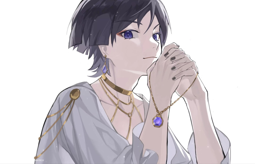 1boy amechi_616 black_hair black_nails chain closed_mouth earrings gem genshin_impact gold_chain gold_necklace highres jewelry looking_at_viewer male_focus necklace own_hands_together purple_gemstone red_eyeliner scaramouche_(genshin_impact) shirt smile solo violet_eyes white_shirt