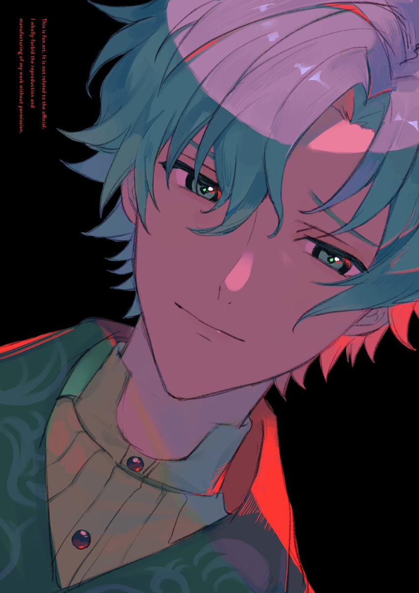 1boy black_background blue_hair closed_mouth english_text figaro_garcia green_eyes green_jacket highres jacket looking_at_viewer mahoutsukai_no_yakusoku male_focus multicolored_background piza-chan red_background shirt short_hair smile solo white_shirt