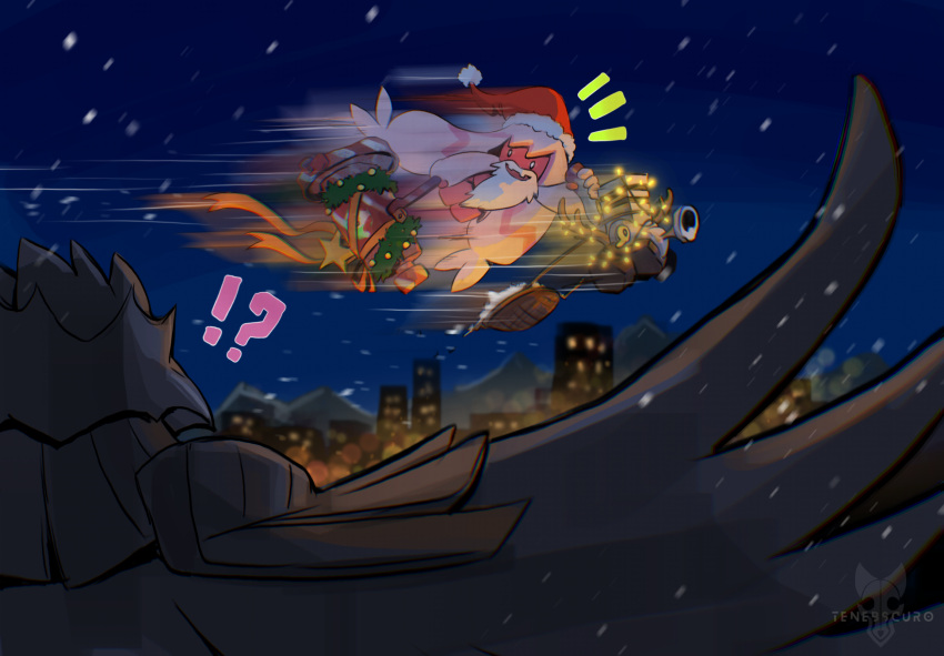 !? antlers artist_name building christmas christmas_lights city corviknight fake_antlers fake_beard fake_facial_hair flying from_behind fur-trimmed_headwear fur_trim hammer hat highres holding holding_hammer horns night notice_lines open_mouth orange_ribbon pokemon pokemon_(creature) pokemon_focus red_hat reindeer_antlers ribbon riding riding_pokemon santa_hat sky smile snowing star_(symbol) tearing_up tenebscuro tinkaton varoom