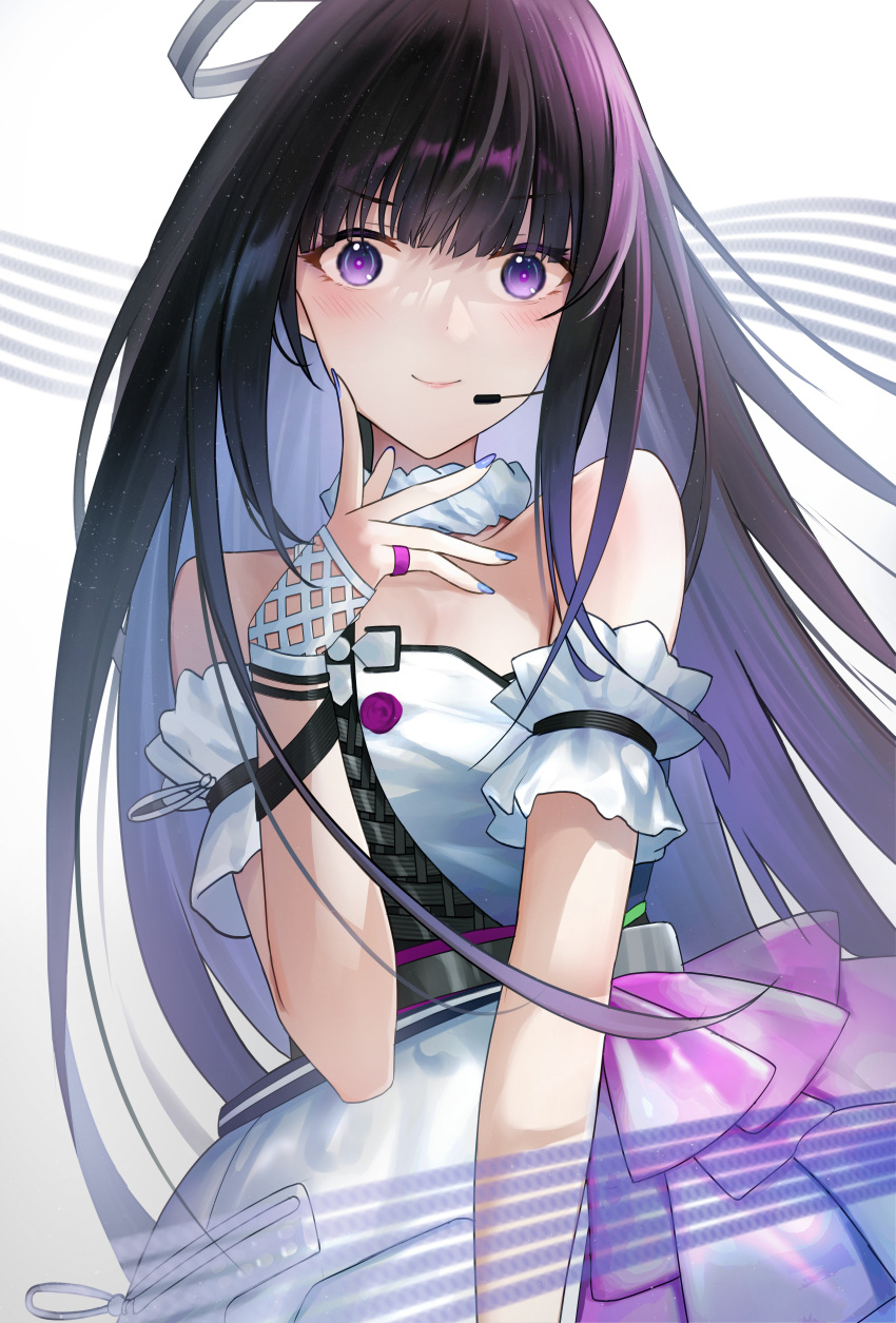 absurdres bare_shoulders black_hair closed_mouth dress for-miku girls'_frontline_neural_cloud halo highres jewelry long_hair microphone nanaka_(girls'_frontline_nc) ring very_long_hair violet_eyes white_dress