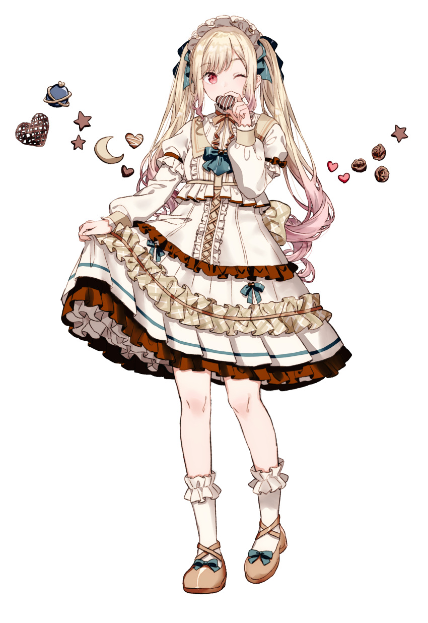 1girl absurdres blonde_hair brown_footwear candy chocolate colored_tips dress food frilled_dress frilled_socks frills full_body headdress heart heart-shaped_chocolate highres lolita_fashion long_hair long_sleeves looking_at_viewer migolu multicolored_hair one_eye_closed pink_hair project_sekai red_eyes simple_background skirt_hold socks solo standing tenma_saki twintails white_background